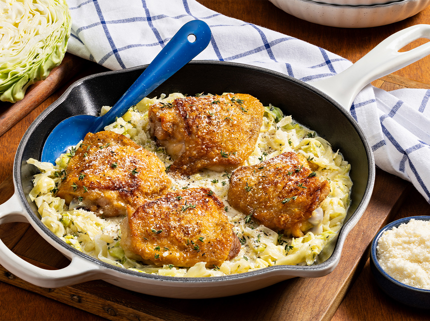 Skillet Chicken Thighs with Garlic-Parmesan Cabbage