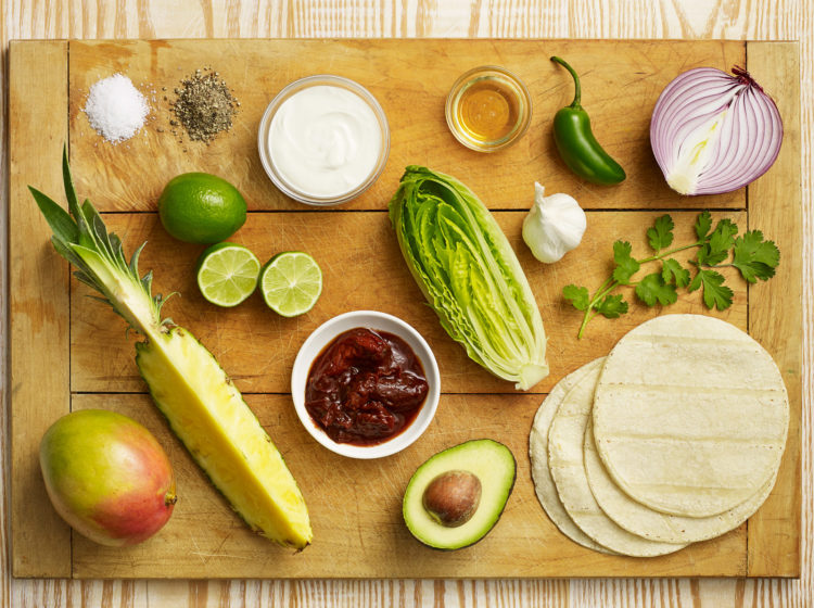 COCONUT CHICKEN TACOS WITH MANGO & PINEAPPLE SALSA