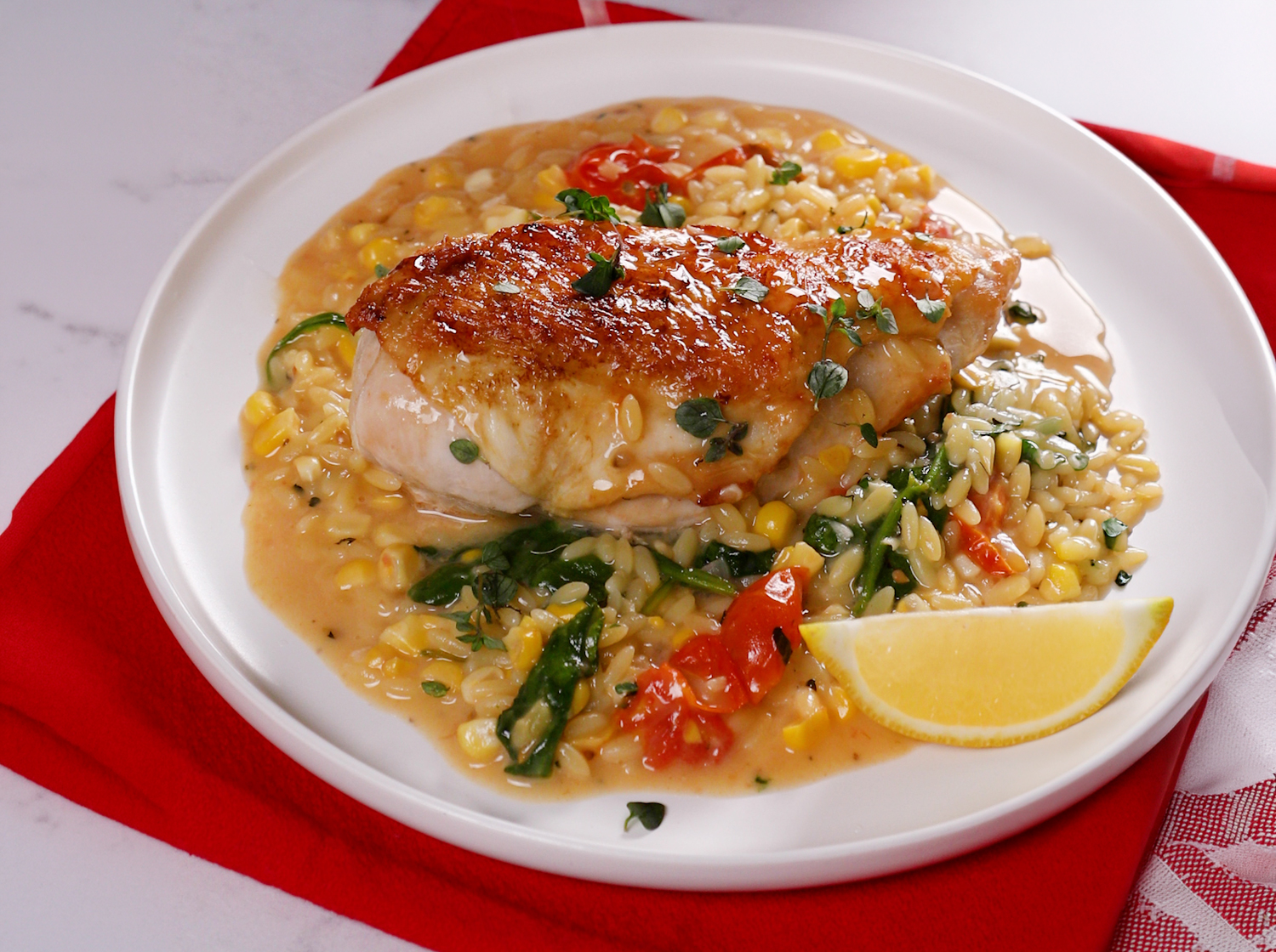 One-pot Lemon Orzo Chicken with Sweet Corn