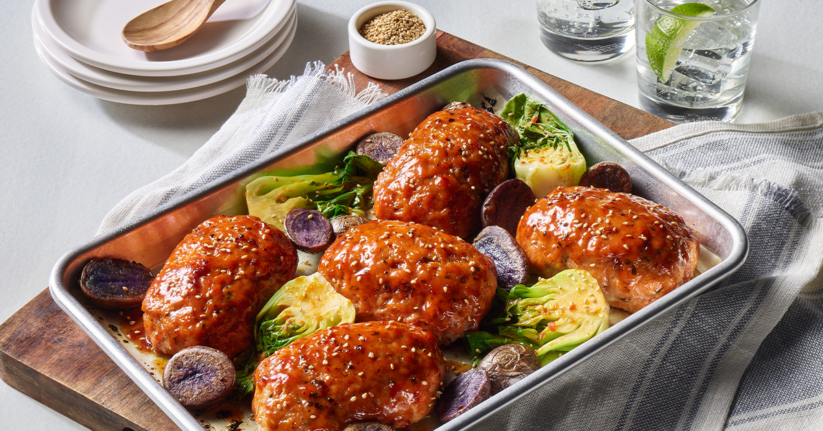 Hoisin-Honey Glazed Mini Chicken Meatloaf Sheetpan Dinner - Bell &amp; Evans