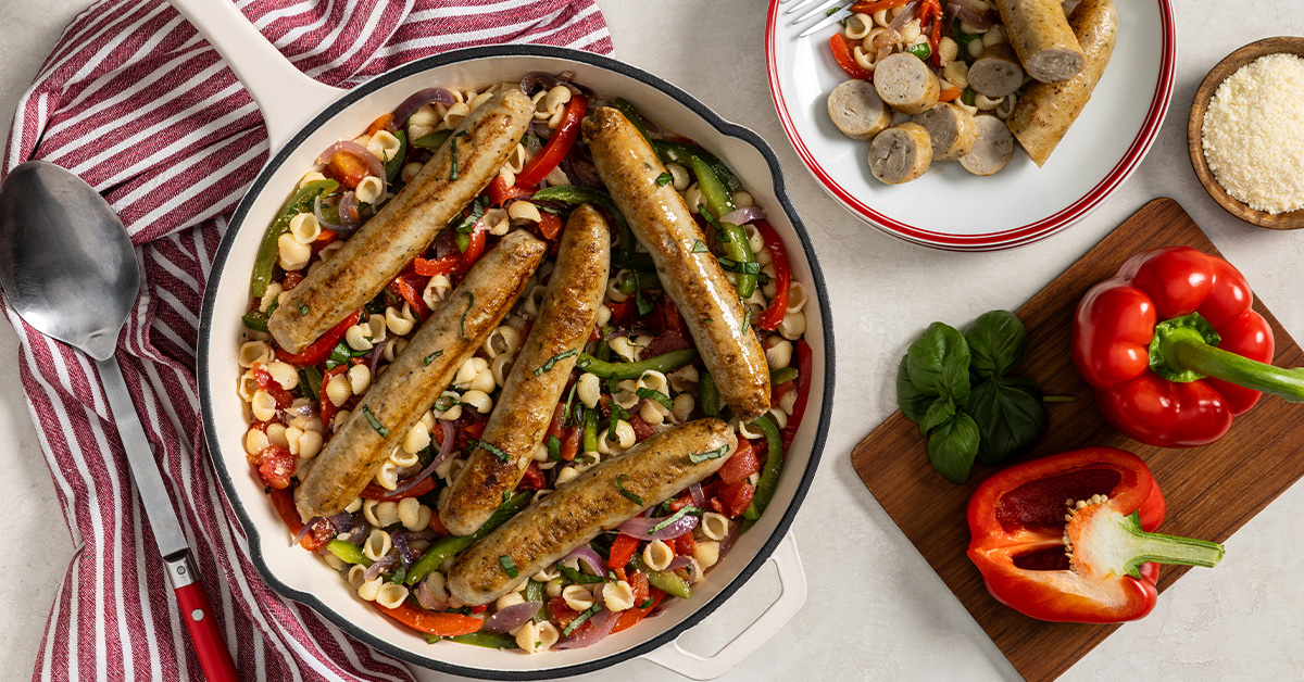 One-Skillet Italian Chicken Sausage, Peppers and Onions Pasta
