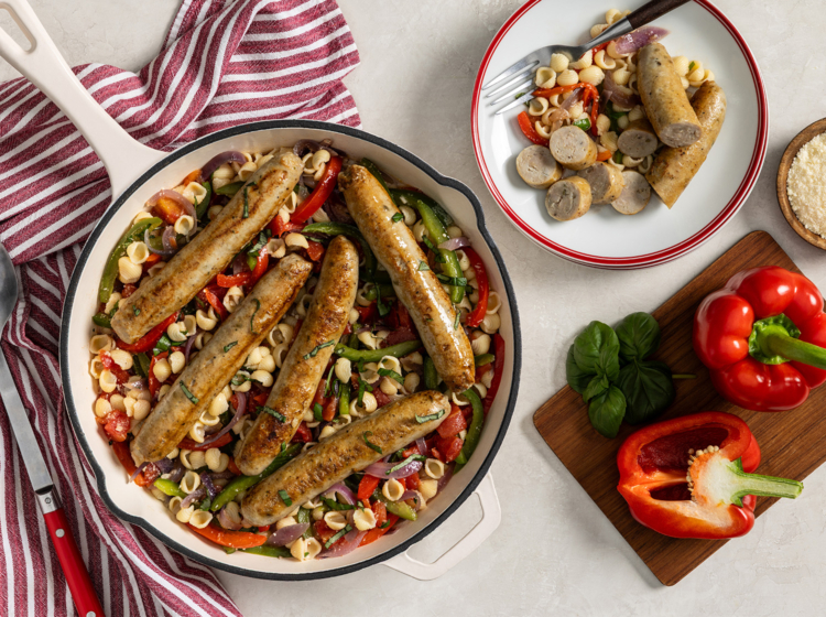One-Skillet Italian Chicken Sausage, Peppers and Onions Pasta