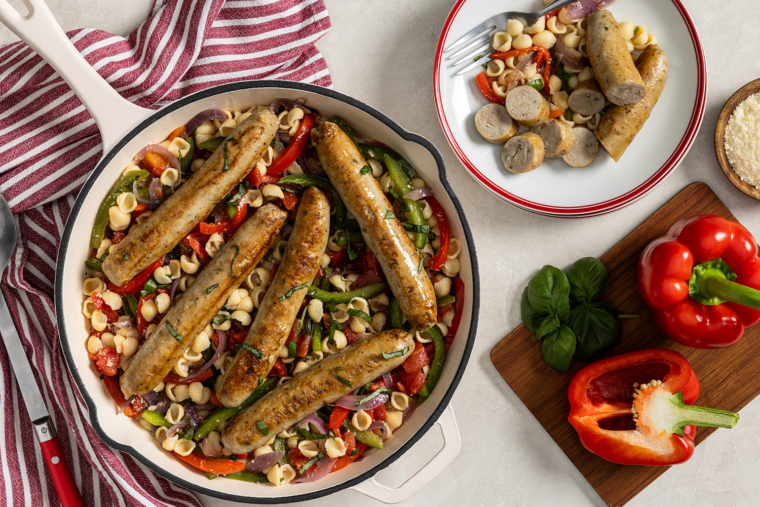 One-Skillet Italian Chicken Sausage, Peppers and Onions Pasta