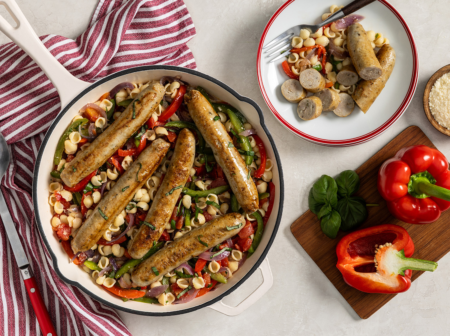 One-Skillet Italian Chicken Sausage, Peppers and Onions Pasta