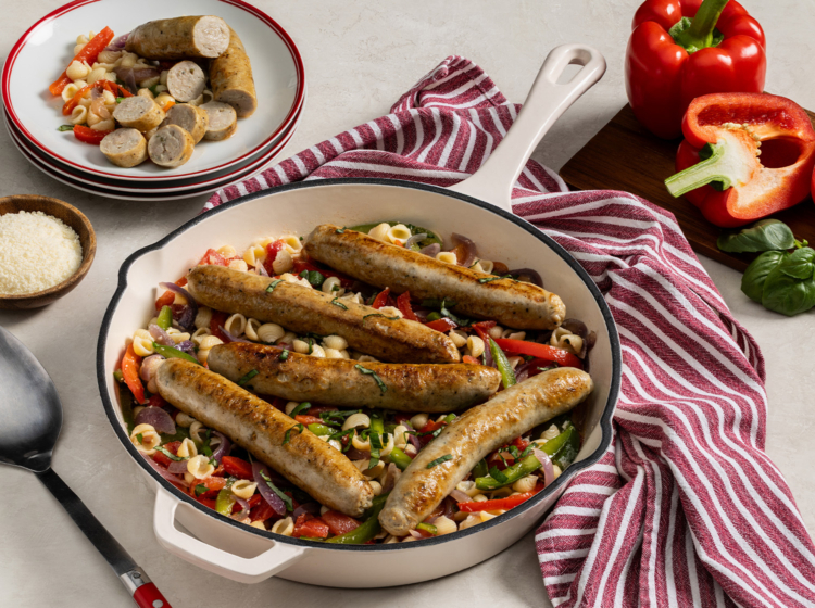 One-Skillet Italian Chicken Sausage, Peppers and Onions Pasta