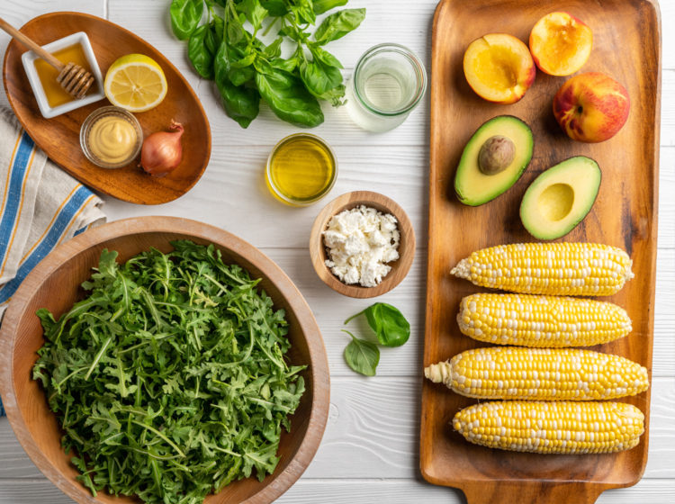 Grilled Basil Chicken, Corn and Peach Salad