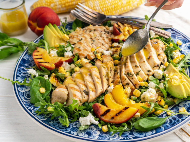 Grilled Basil Chicken, Corn and Peach Salad