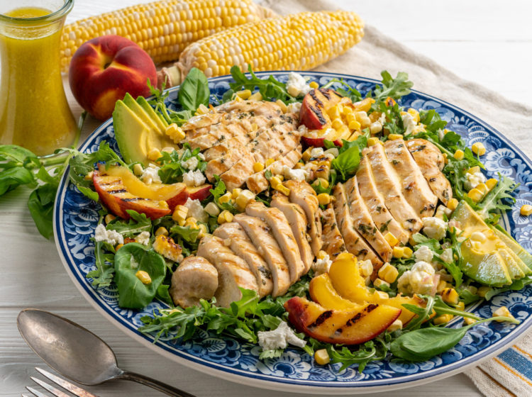 Grilled Basil Chicken, Corn and Peach Salad