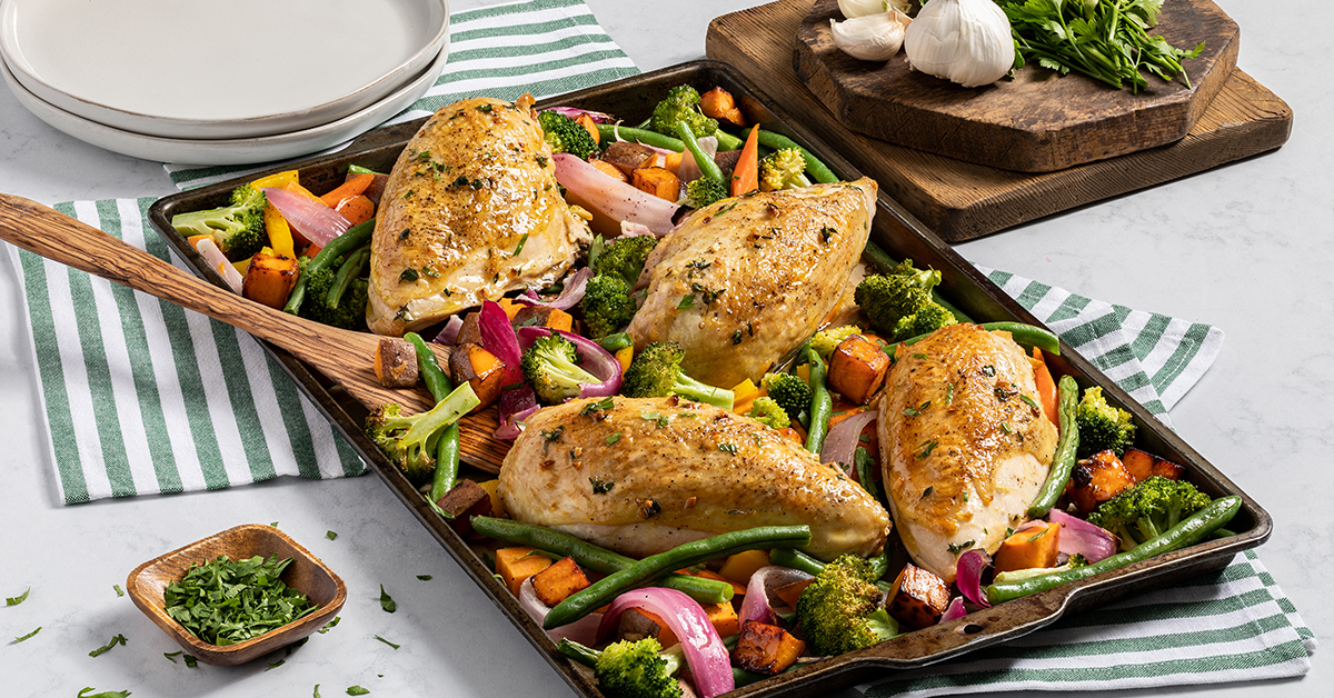 SheetPan GarlicHerb Chicken with Rainbow Veggies Bell & Evans
