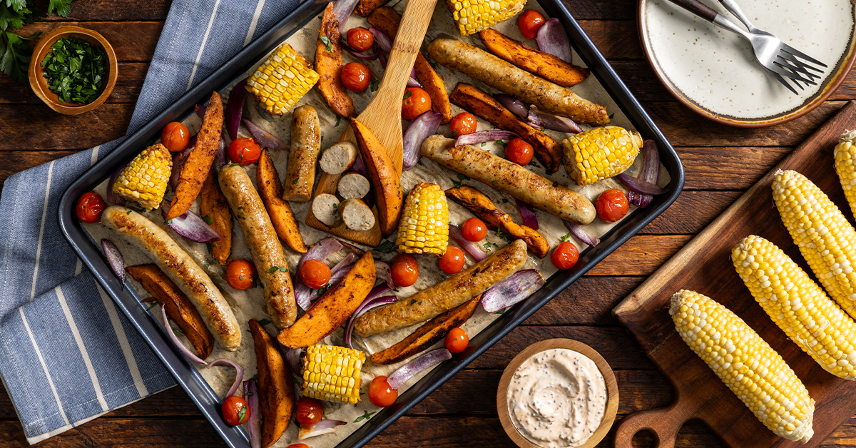 Italian Chicken Sausage, Sweet Potato and Corn Sheet-Pan Dinner - Bell & Evans