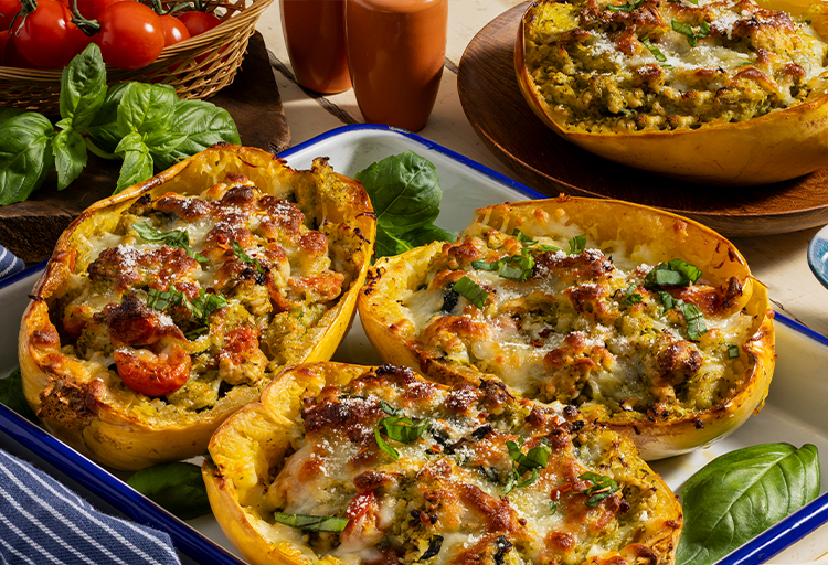Pesto Chicken Spaghetti Squash Boats