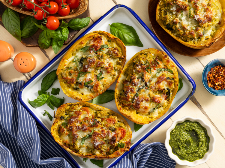 Pesto Chicken Spaghetti Squash Boats