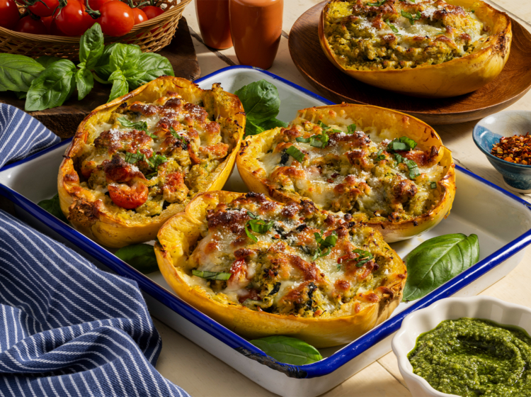 Pesto Chicken Spaghetti Squash Boats
