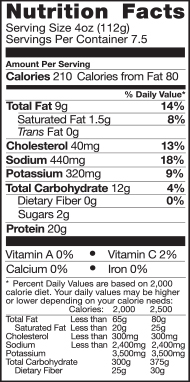 Bell & Evans Chicken Tenders Nutrition Facts Panel