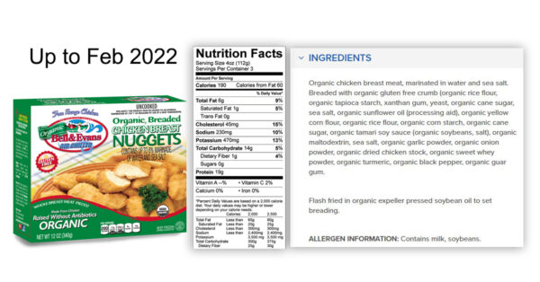 Bell & Evans Organic Nuggets prior to February 2022