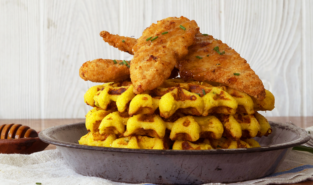 Gluten Free Crispy Chicken with Cheddar Cornbread Waffles - Bell & Evans
