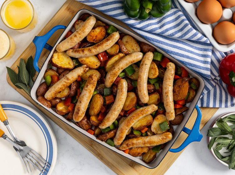 Sausage and peppers on a tray